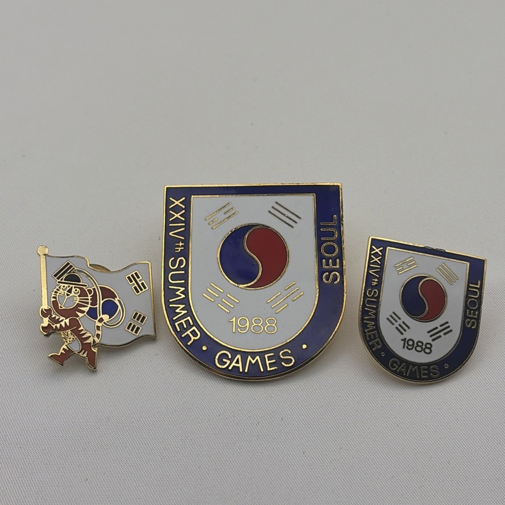 Set Of 3 1988 Seoul Olympics Summer Games Shield Crest Hodori Lapel Hat Pins